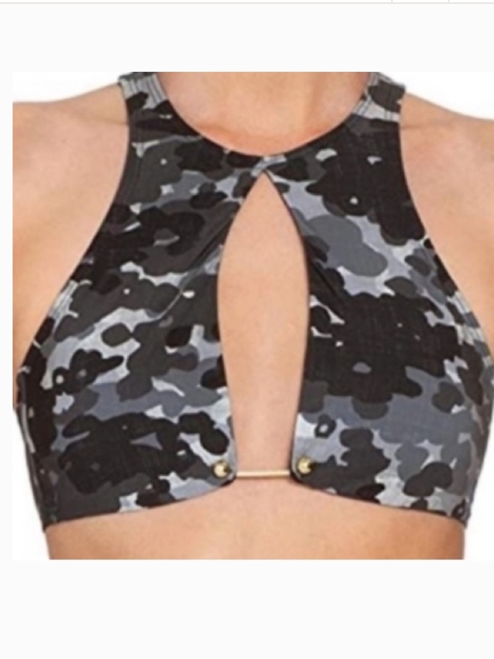 Evan Picone Eden Gray and Black Camo High-Neck Bikini Top XS New